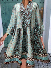 Boho Dress Women's Plus Floral Button Up Bell Sleeve V Neck Dress