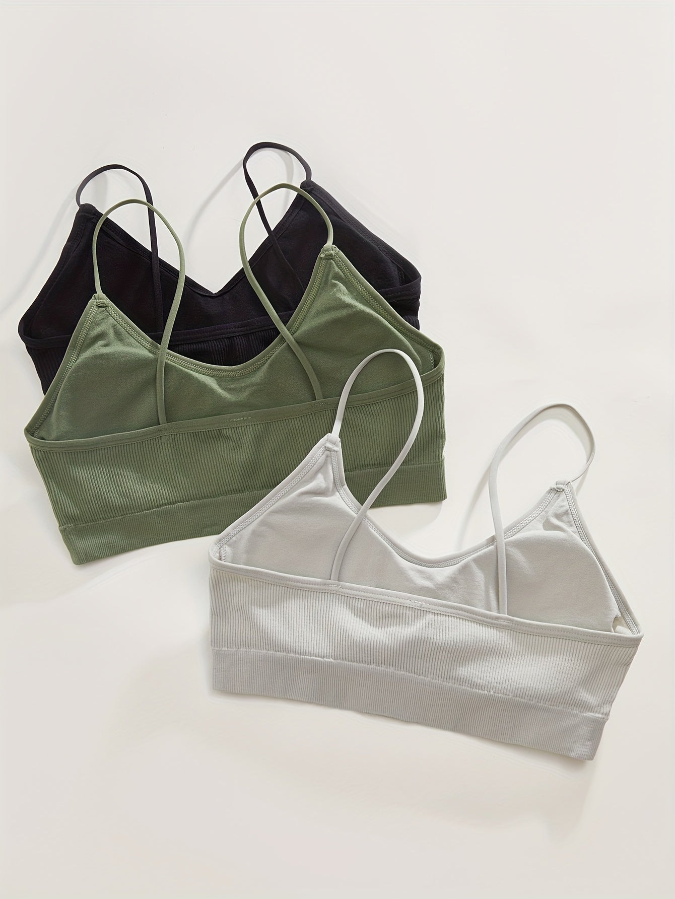 3pcs Solid Ribbed Wireless Bras Stretch Intimates Bra Women's Lingerie