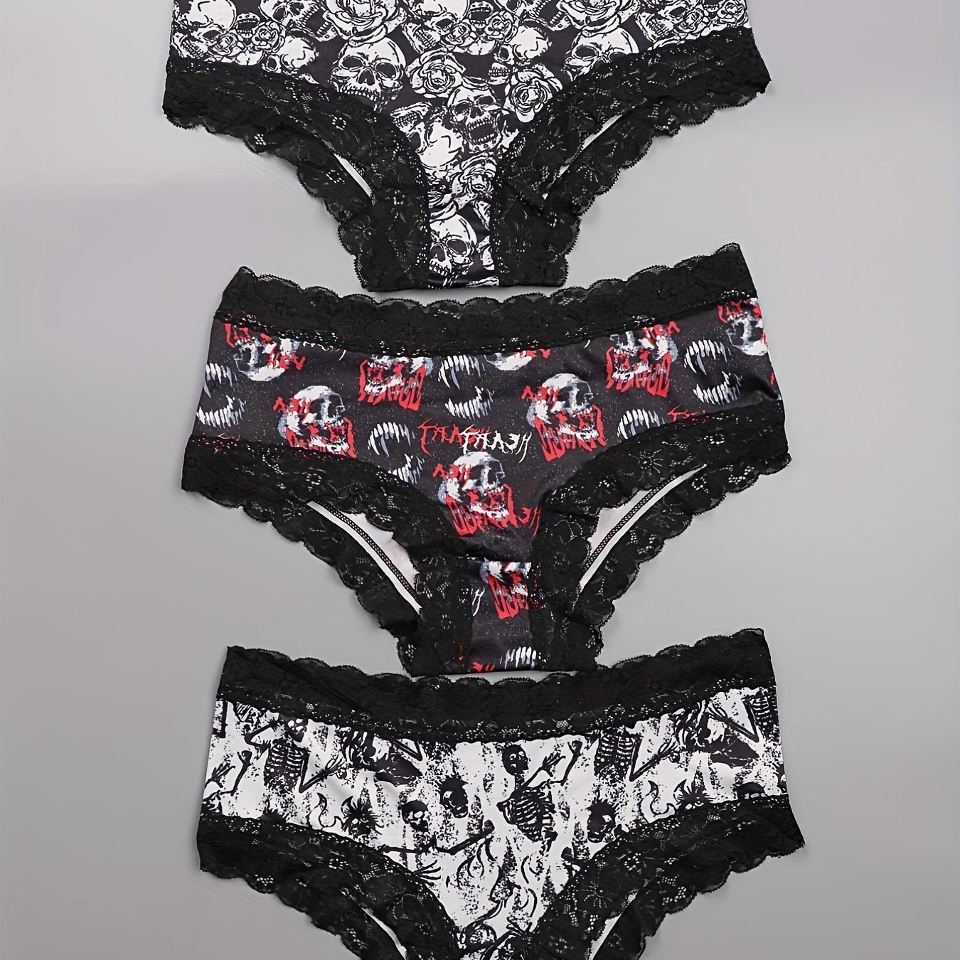 3-Pack Plus Size Gothic Panties Set Women's Skull Print Contrast