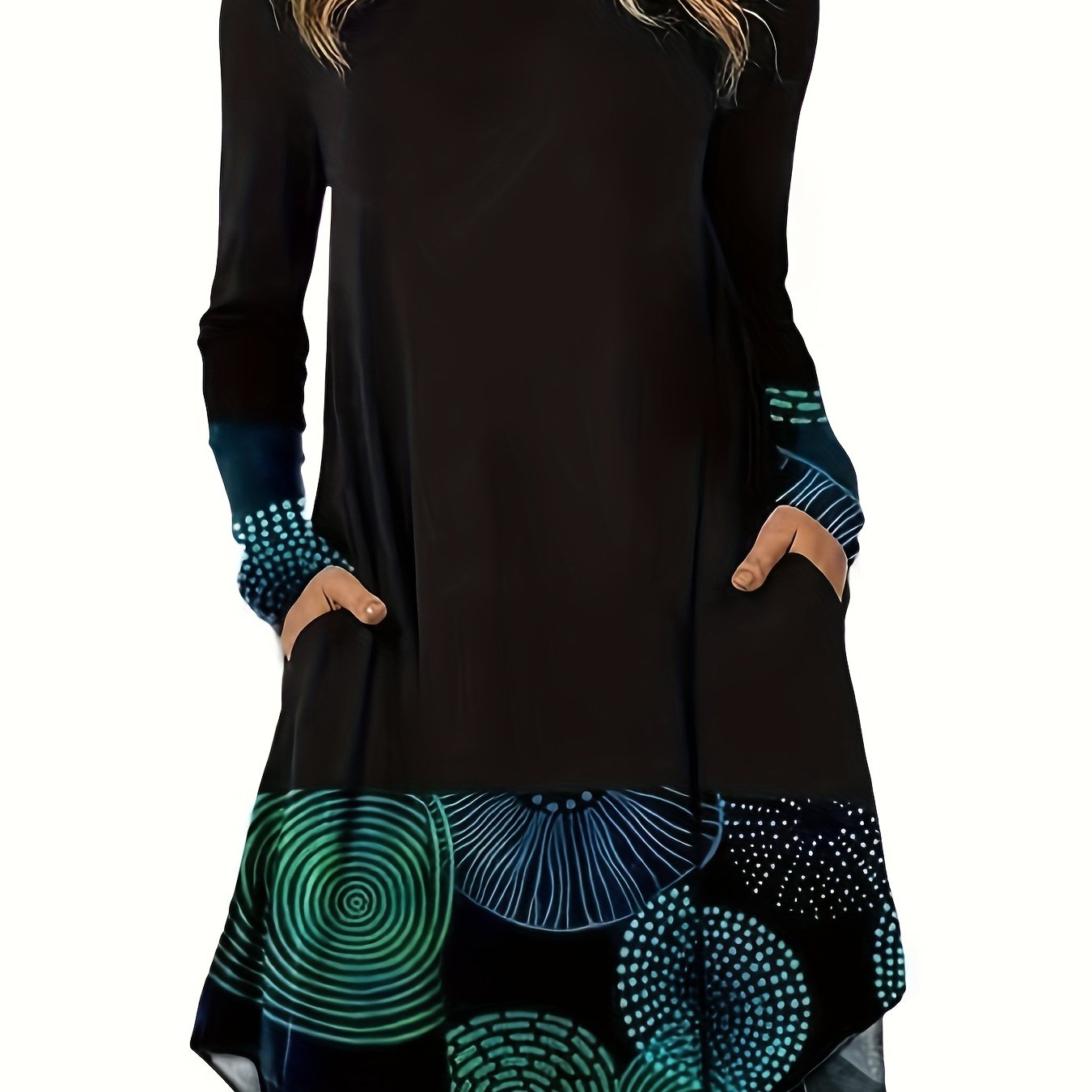 Colorblock Graphic Print Long Sleeve Round Neck Dress With Pockets