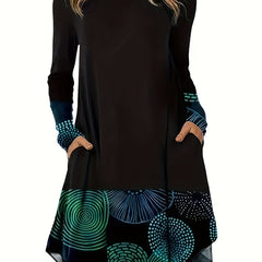 Colorblock Graphic Print Long Sleeve Round Neck Dress With Pockets