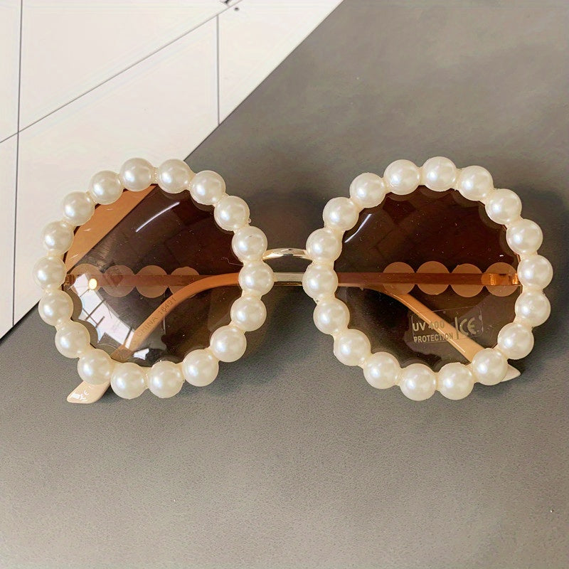 Round Frame Sunglasses Faux Pearl Decor Gradient Lens Glasses UV400