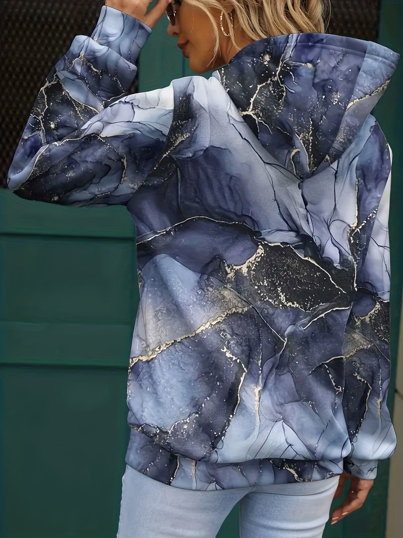 Marble Print Kangaroo Pocket Hoodie Long Sleeve Sweatshirt