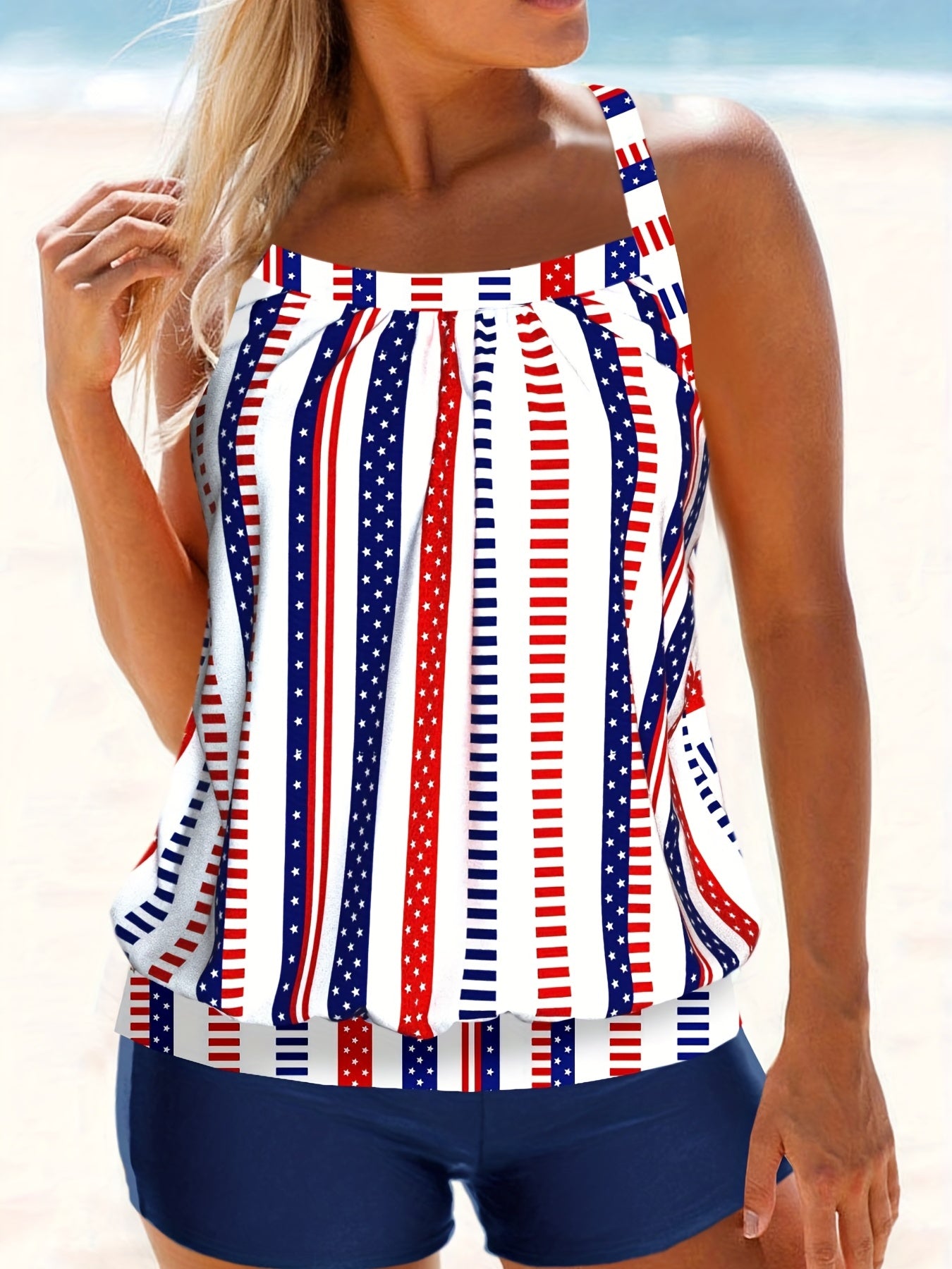 Vacay Tankini Set Women's Plus Striped & Star Print Cami Top & Shorts