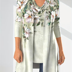 Women's Plus Floral Print Cowl Neck Tank Top & Long Sleeve Coat 2 Piece Set