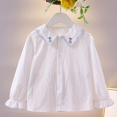 Girls Flower Embroidered Button Long Sleeve Shirt
