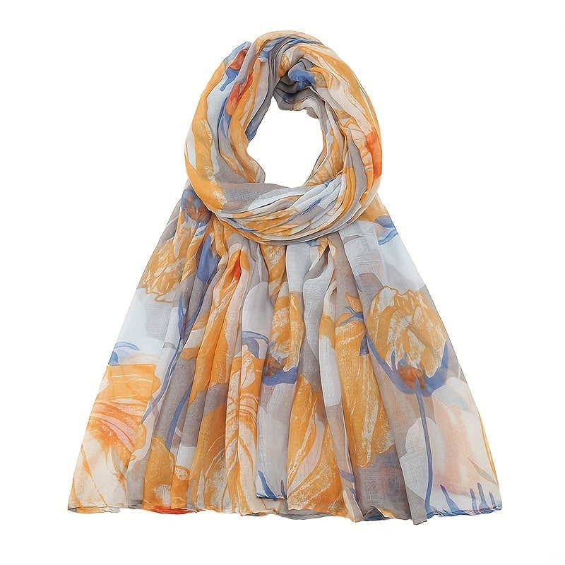 Flower Plant Print Voile Scarf Classic Boho Shawl Breathable Hijab
