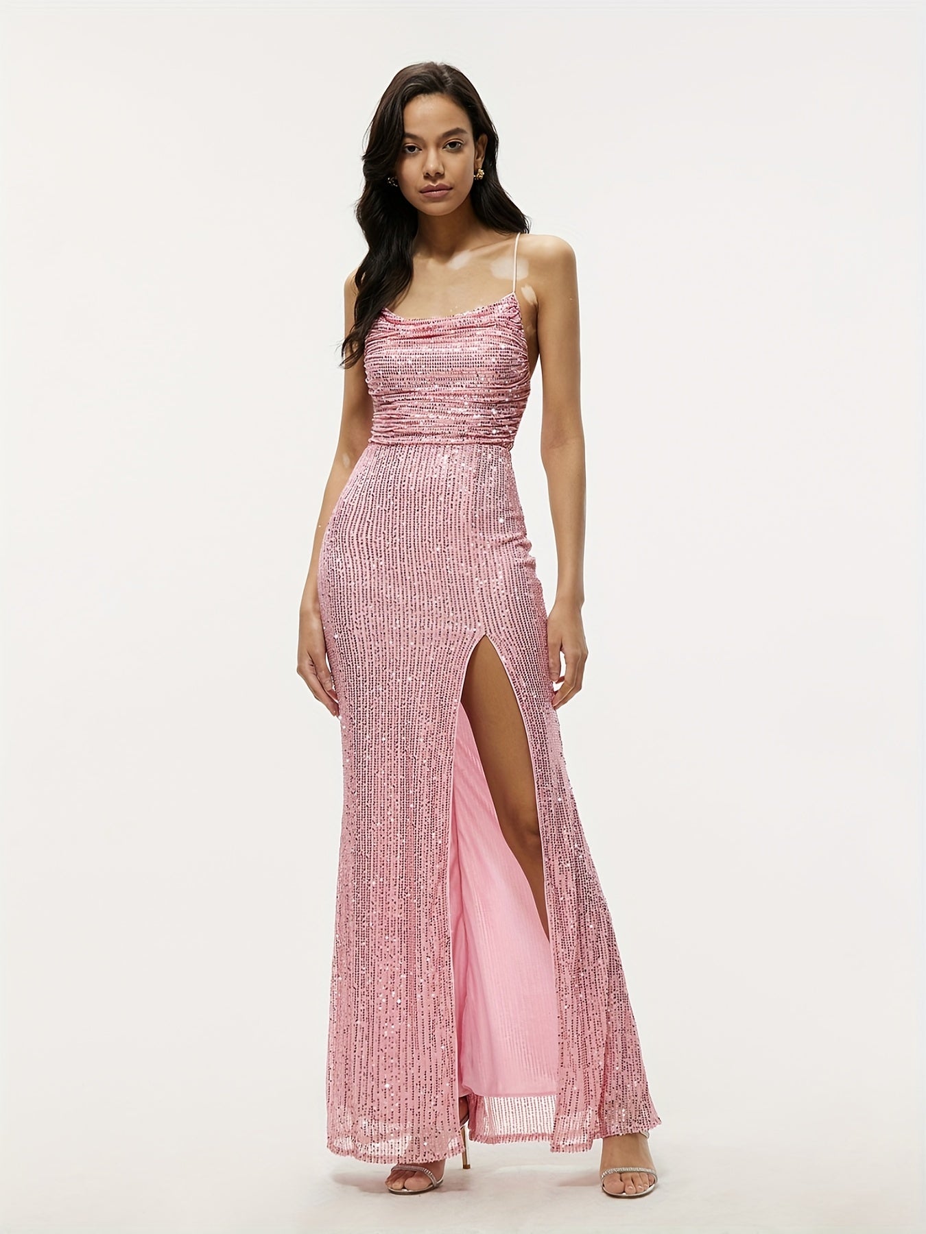 Glitter Sequined Split Cami Bridesmaid Dress Backless Dress For Wedding Party