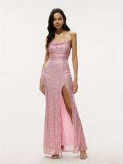 Glitter Sequined Split Cami Bridesmaid Dress Backless Dress For Wedding Party