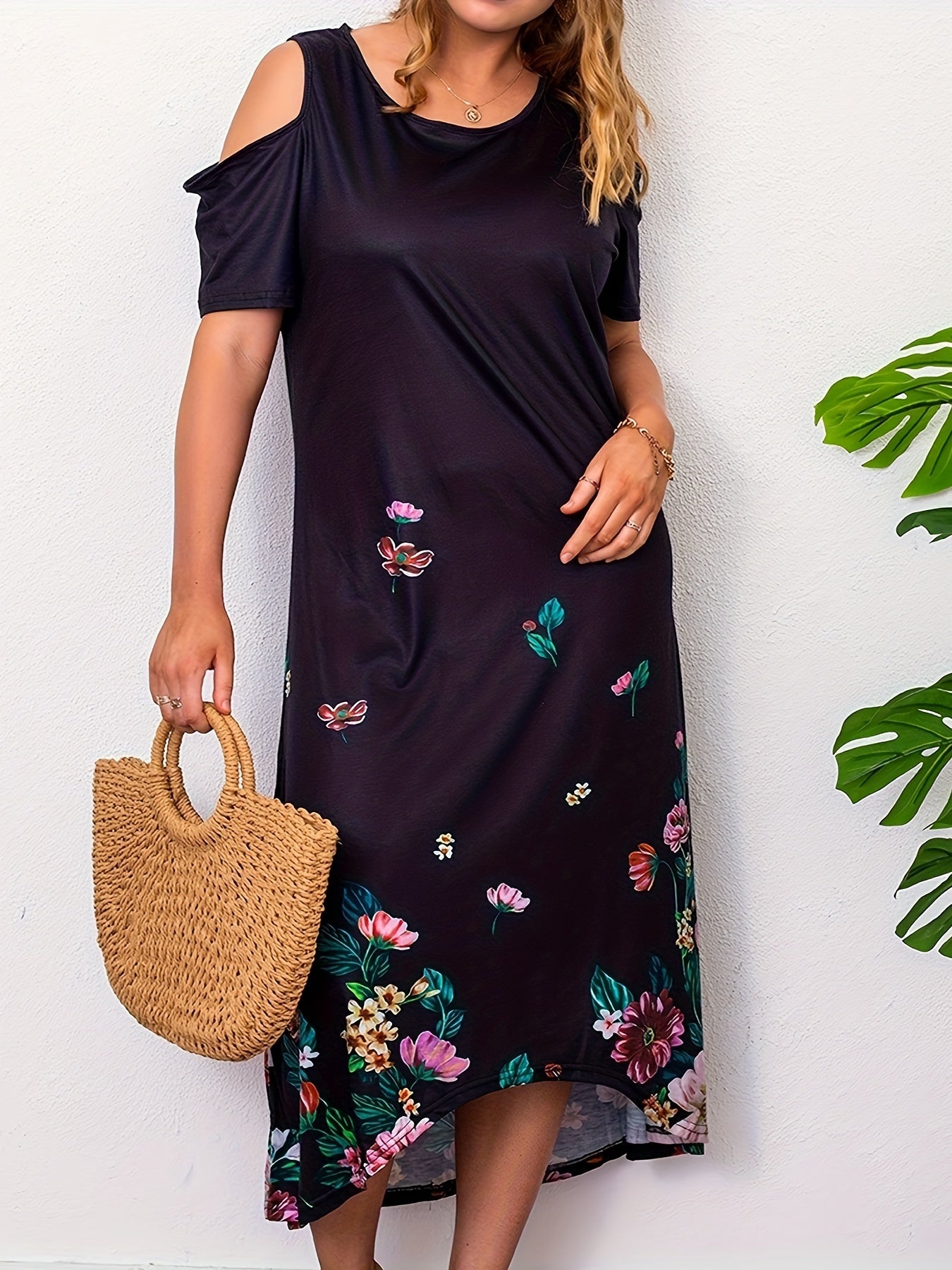 Women's Plus Floral Cold Shoulder Maxi Dress