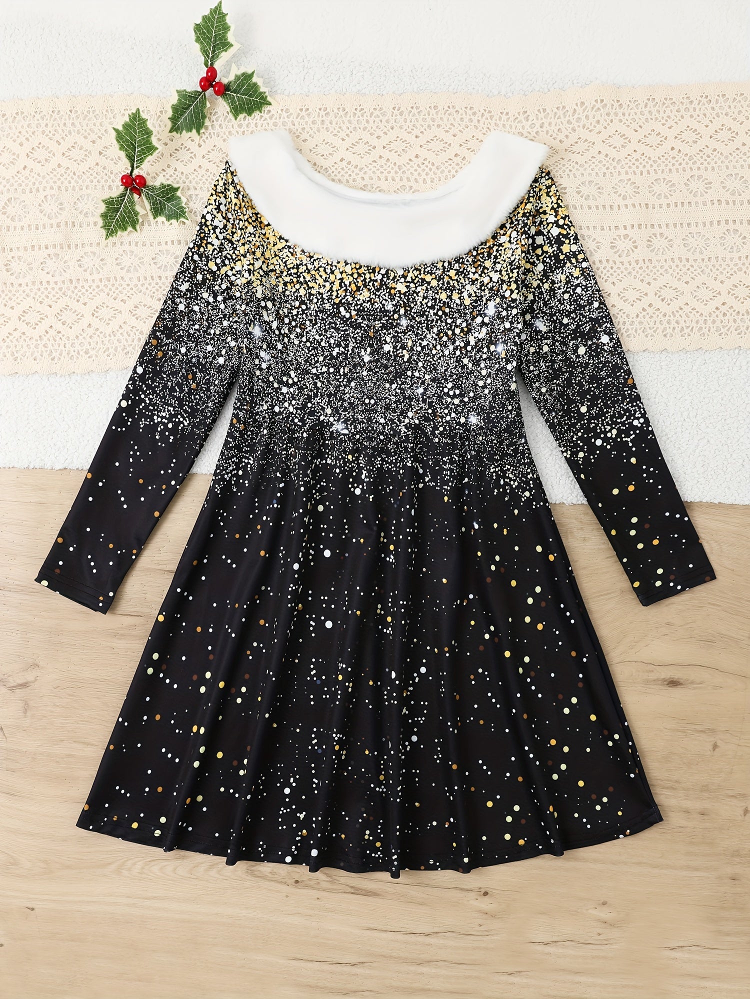 Girls Bow Christmas Tree Graphic Long Sleeve Dress