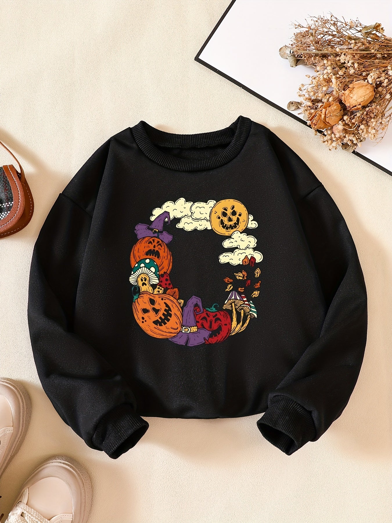 Cartoon Halloween Biosphere Print Crew Neck Sweatshirt for Girls