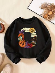 Cartoon Halloween Biosphere Print Crew Neck Sweatshirt for Girls