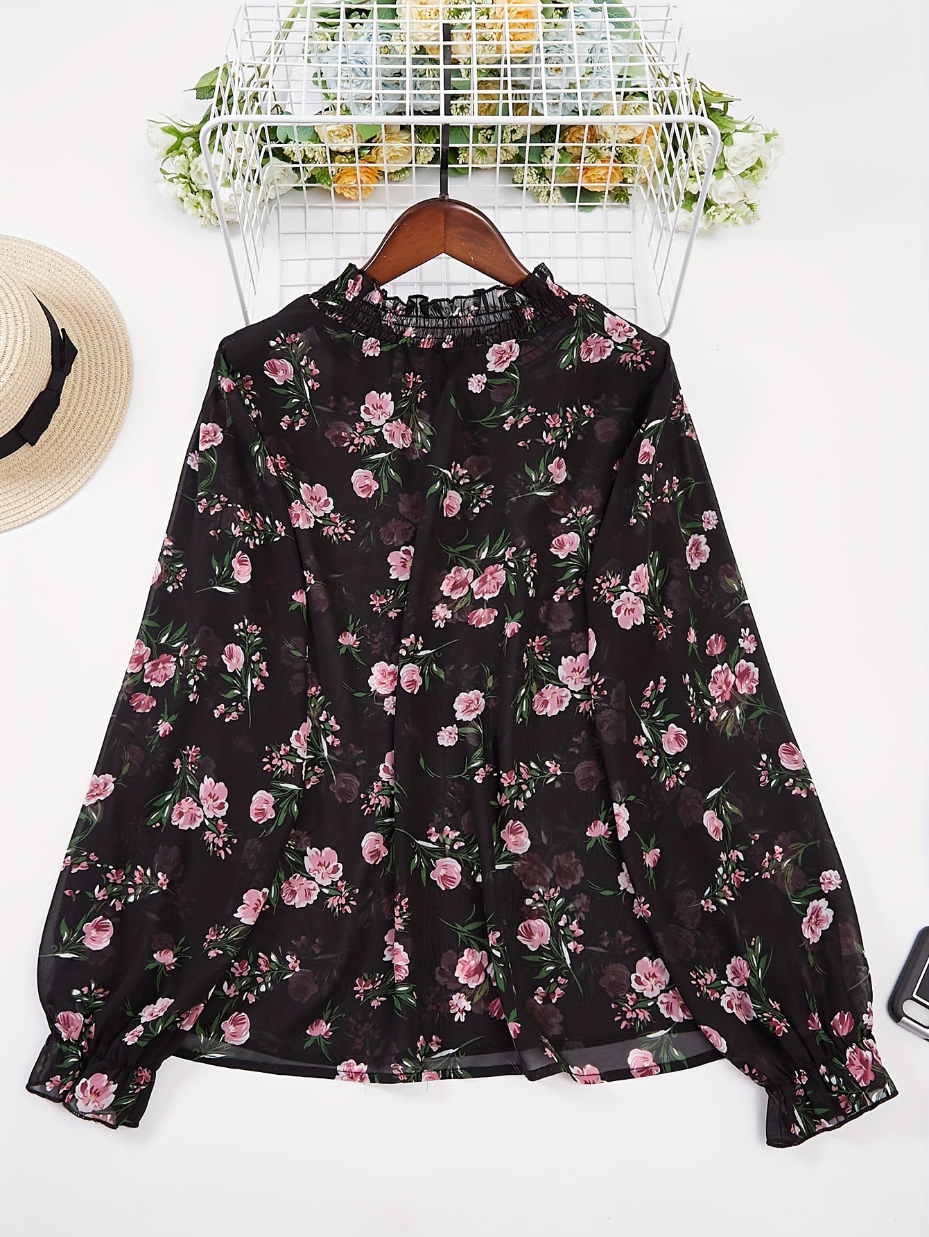 Floral Print Flounce Sleeve Ruffle Trim Mock Neck Shirt Top