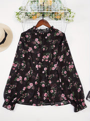 Floral Print Flounce Sleeve Ruffle Trim Mock Neck Shirt Top