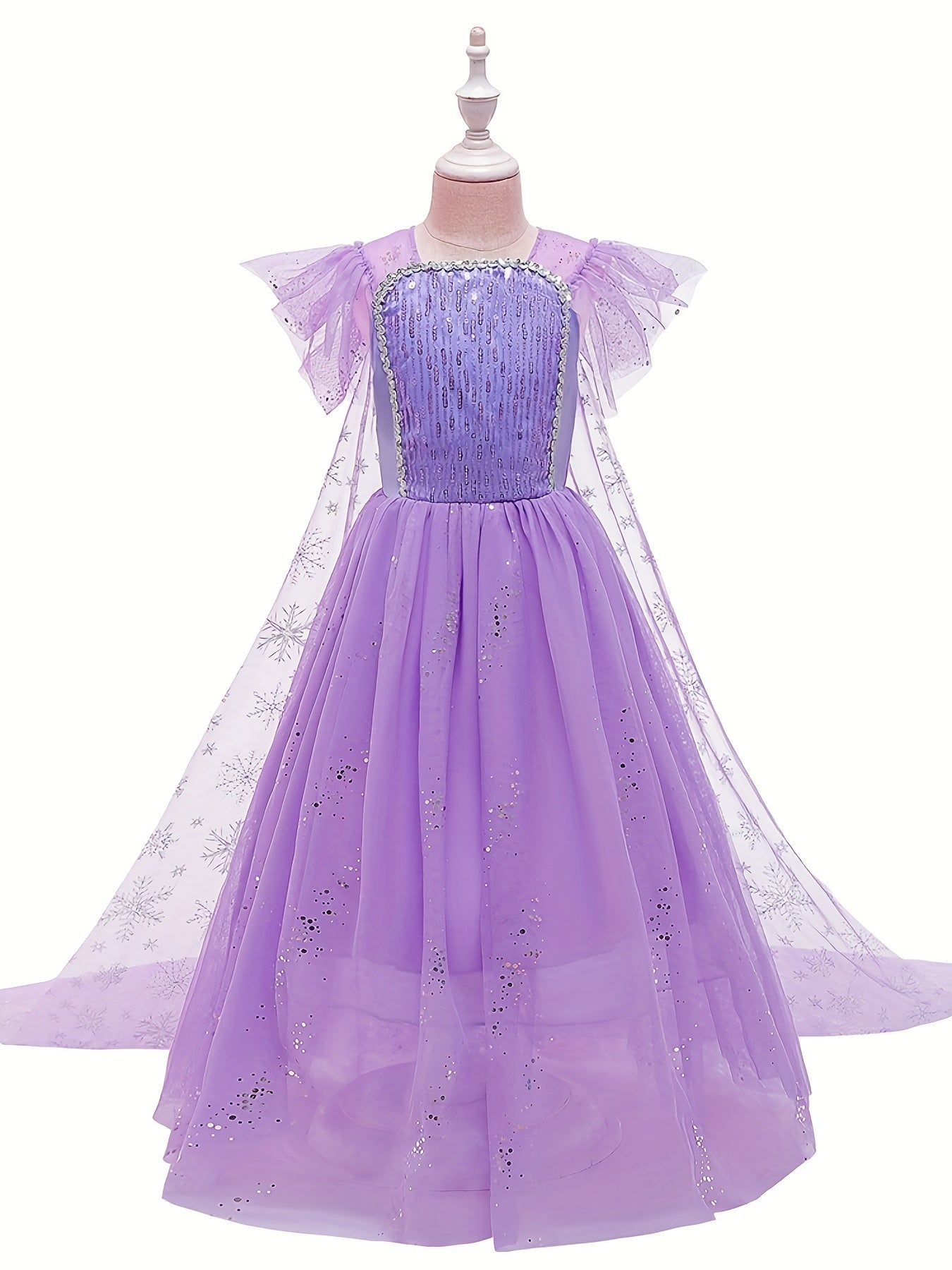Girls Sequin Snowflake Princess Dress Sleeveless Ruffle Mesh Cape