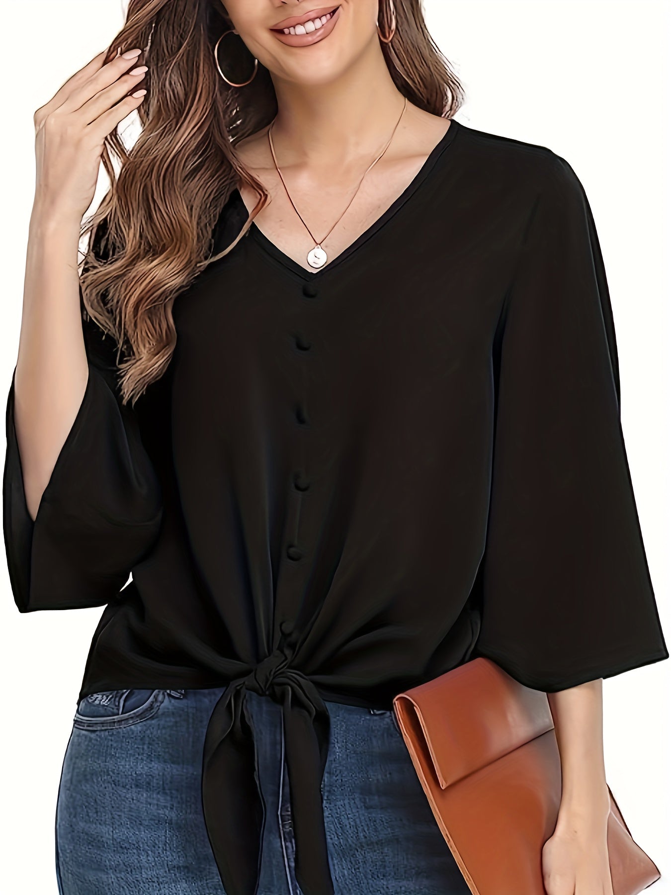Casual Blouse Women's Plus Solid Button Decor Half Sleeve