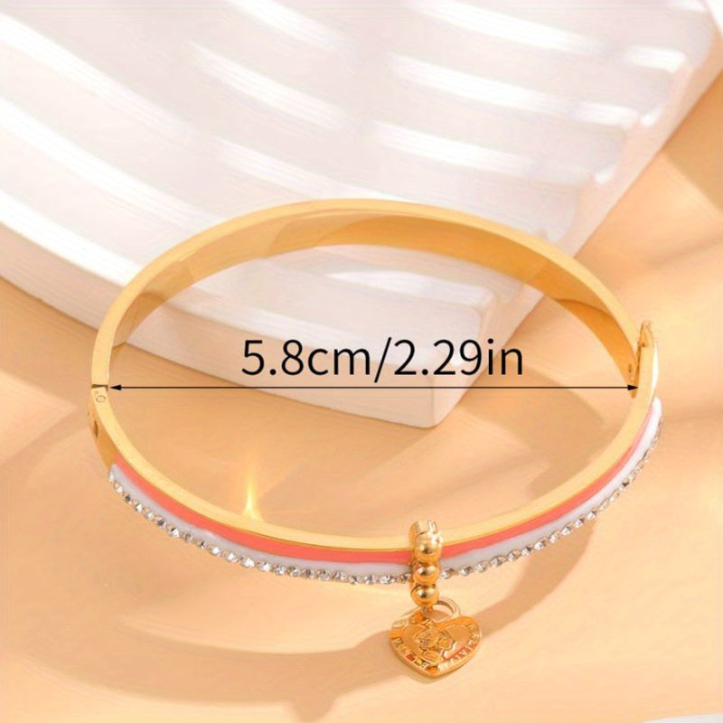 Heart Pendant Bangle With Faux Diamond - Gift For Girls