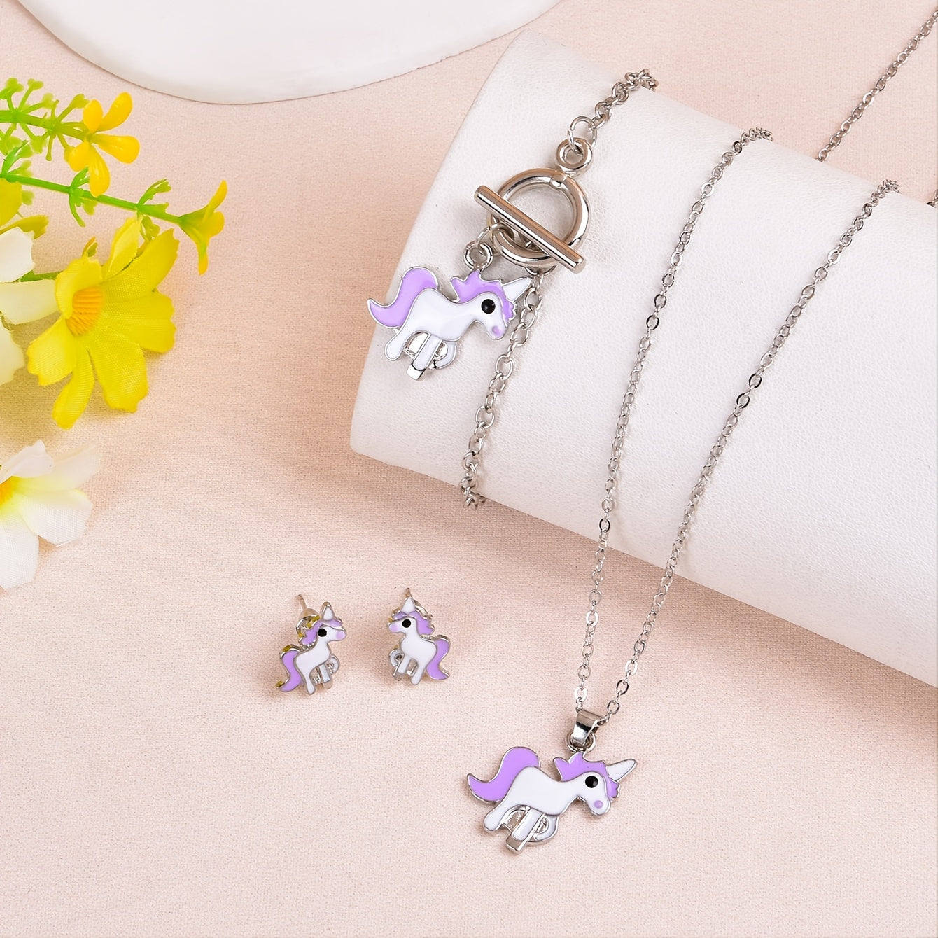 Unicorn Pendant Necklace & Earrings & Bracelet Set - Gift for Girls
