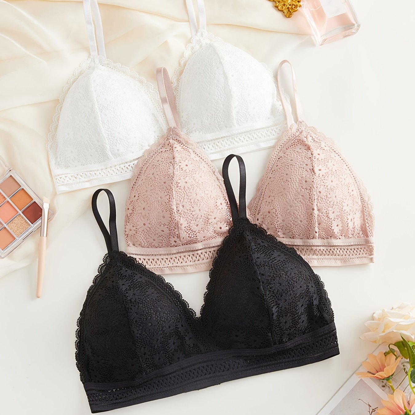 3pcs Lace Bralettes Romantic & Comfy Trim Bra Women's Lingerie