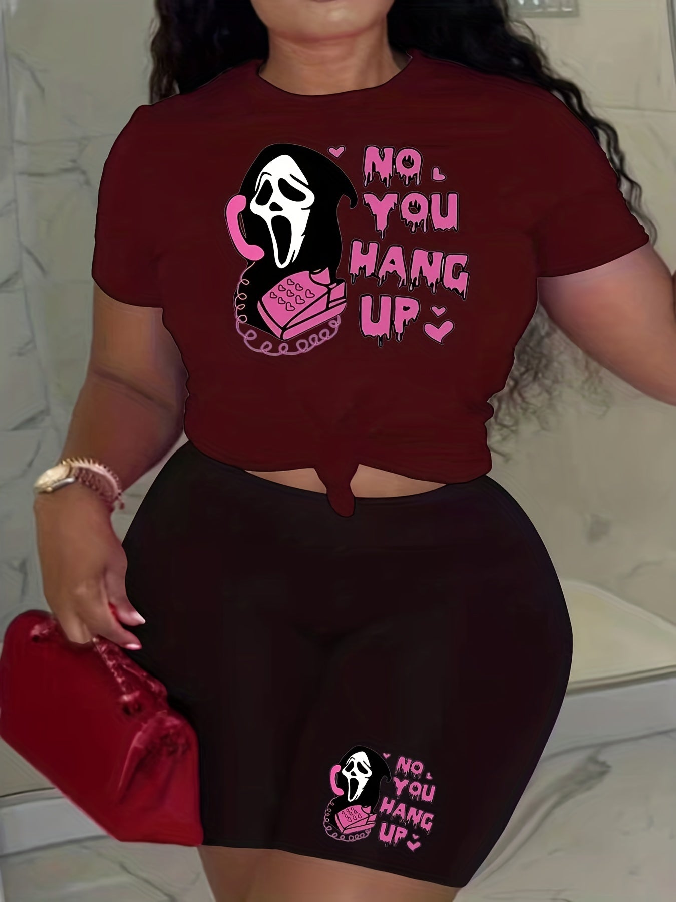 No You Hang Up Print 2pcs Set Short Sleeve T Shirt & Shorts