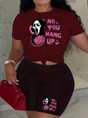 No You Hang Up Print 2pcs Set Short Sleeve T Shirt & Shorts