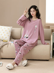 Bunny Print Pajama Set Crew Neck Long Sleeve Top & Pants Women's Sleepwear