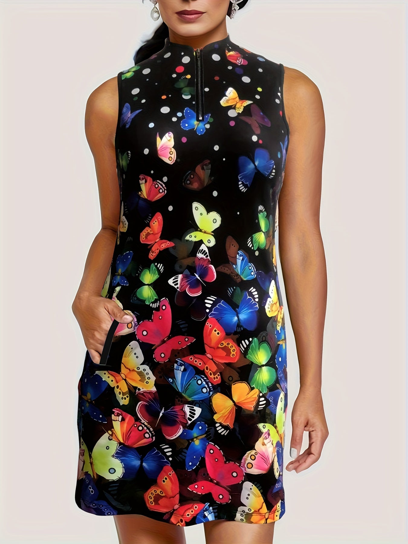 Butterfly Print Zip Up Tennis Dress With Pockets