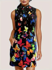 Butterfly Print Zip Up Tennis Dress With Pockets