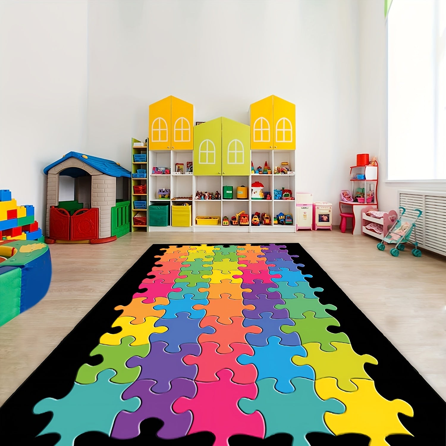Colorful Puzzle Seating Rug for Classroom, Non Slip Backing