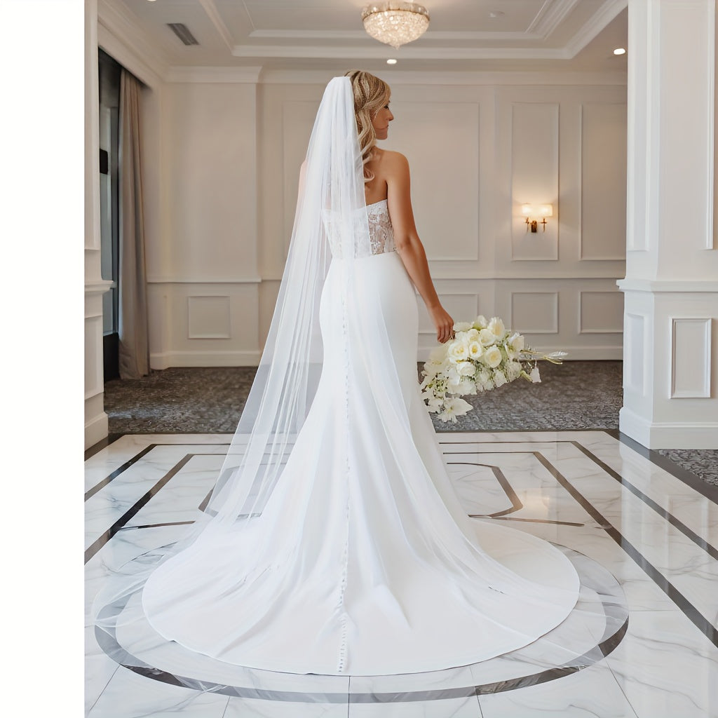 Sheer Lace Wedding Head Veil with Trim Long Train Bridal Veil for Women