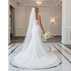 Sheer Lace Wedding Head Veil with Trim Long Train Bridal Veil for Women