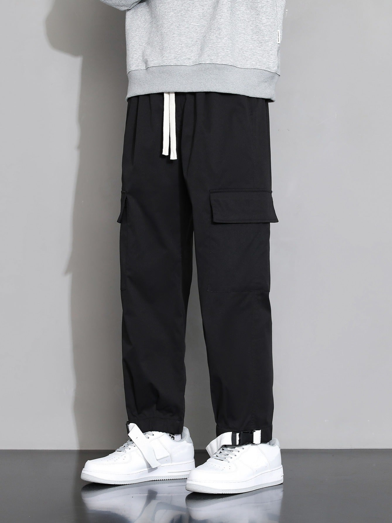Autumn Winter Grey Cargo Pants With Ankle Straps