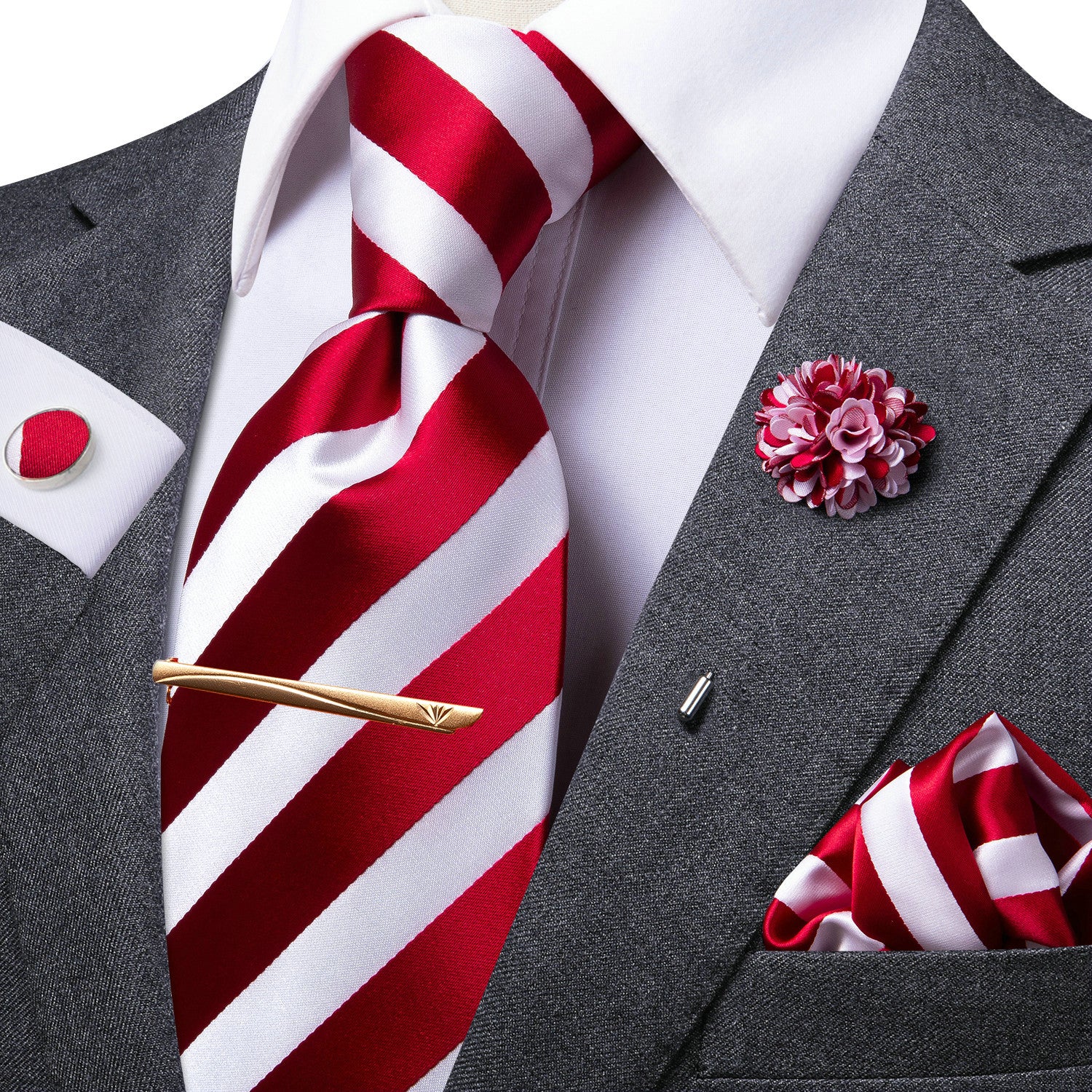 Classic Business Men's Tie Set Solid Corsage Silk Hankey Cufflinks Clip