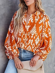 Paisley Print Button Up Lantern Sleeve Boho Blouse