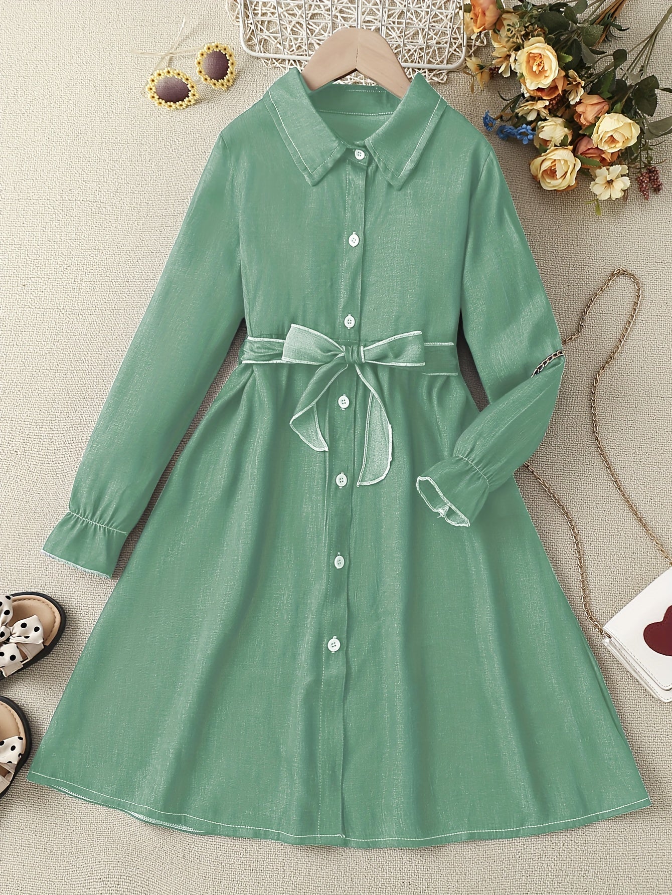 Girls' Faux Denim Long Sleeve Dress With Belt Comfy Long Dresses