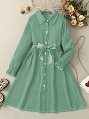 Girls' Faux Denim Long Sleeve Dress With Belt Comfy Long Dresses