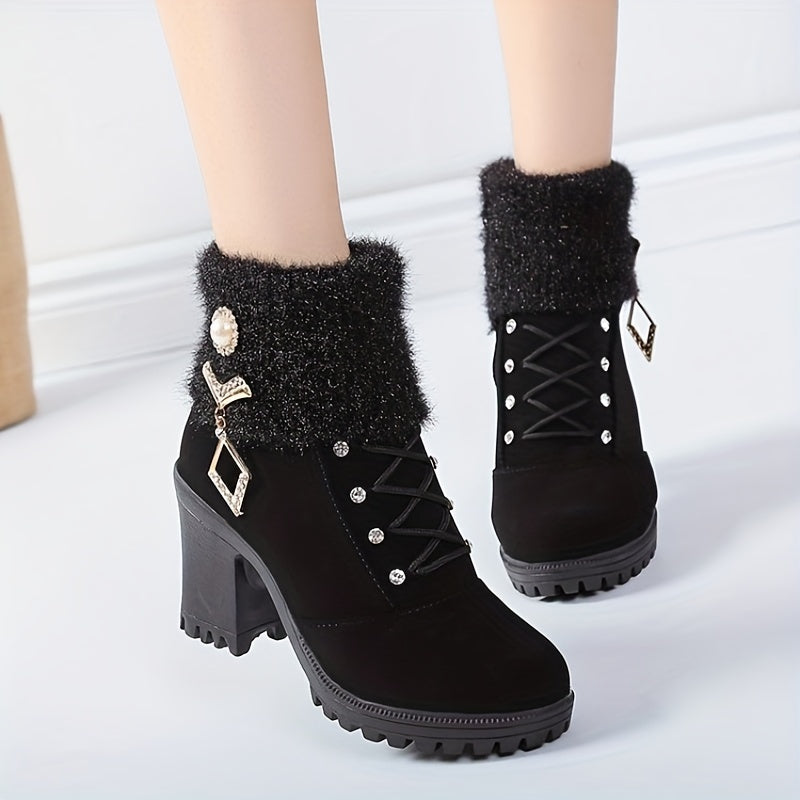 Women's Rhinestone Decor Velvet Boots Chunky Heel Winter Shoes