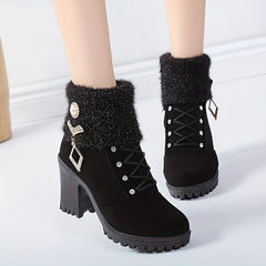 Women's Rhinestone Decor Velvet Boots Chunky Heel Winter Shoes