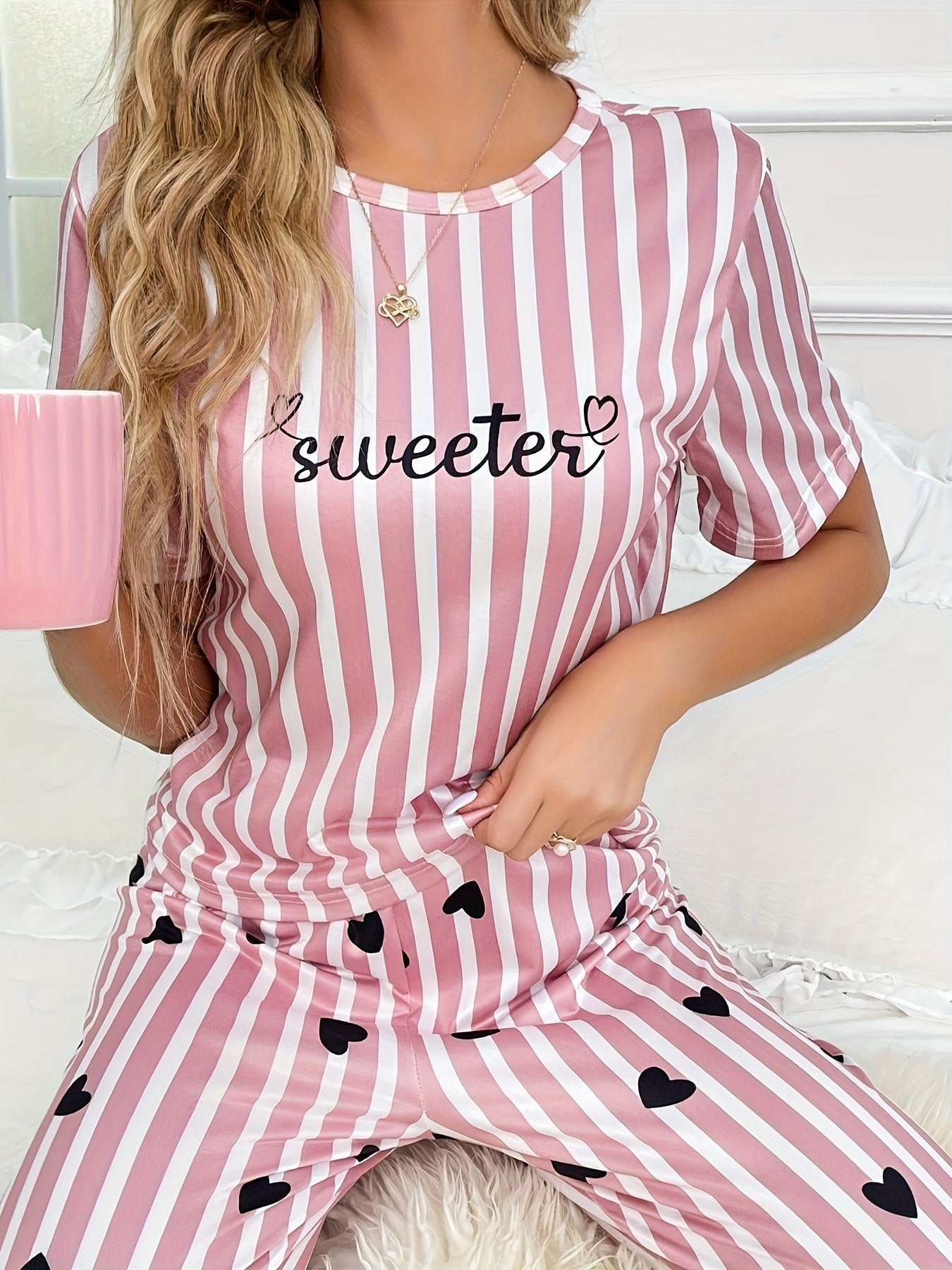 Heart Print Pajama Set Short Sleeve Top & Elastic Waistband Pants