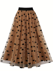 Layered Heart Mesh Elastic Waist A line Skirt