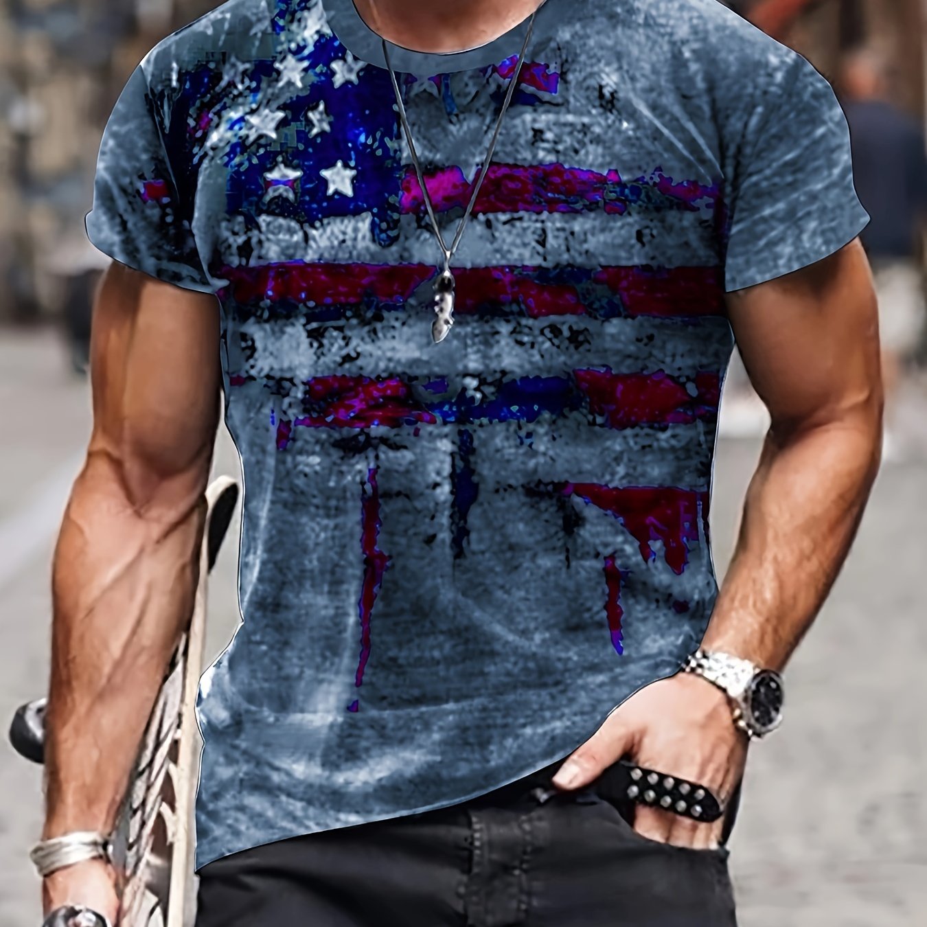 Men's Retro Flag Print Sports T-shirt for Summer