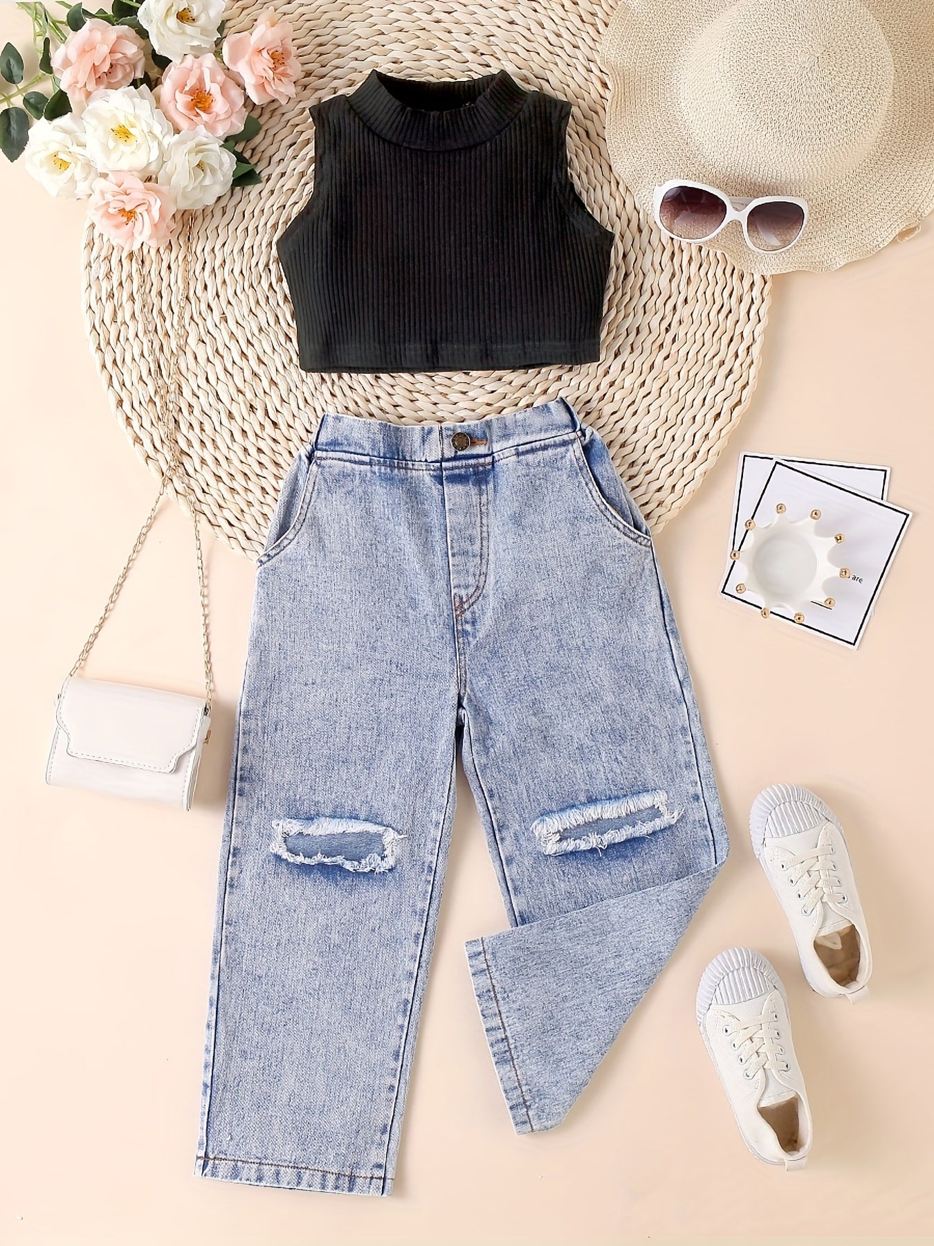 2pcs Girl's Mock Neck Crop Top Ripped Denim Suit