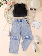 2pcs Girl's Mock Neck Crop Top Ripped Denim Suit
