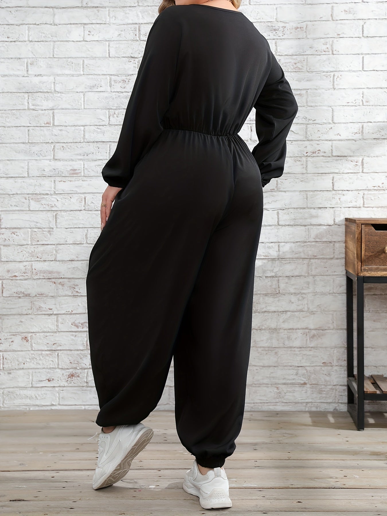Solid Long Sleeve V Neck Jumpsuit