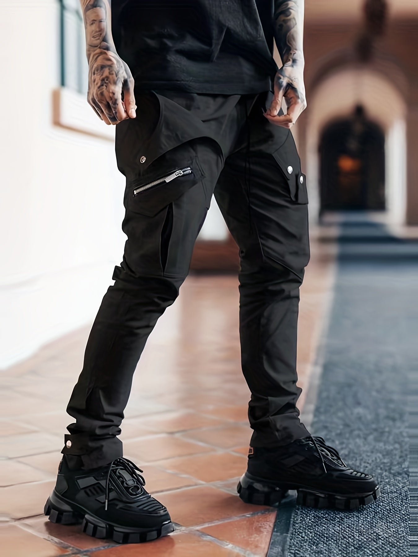 Men's Drawstring Cargo Pants Zip Pocket Slim Fit Outdoor Pants