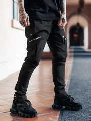 Men's Drawstring Cargo Pants Zip Pocket Slim Fit Outdoor Pants