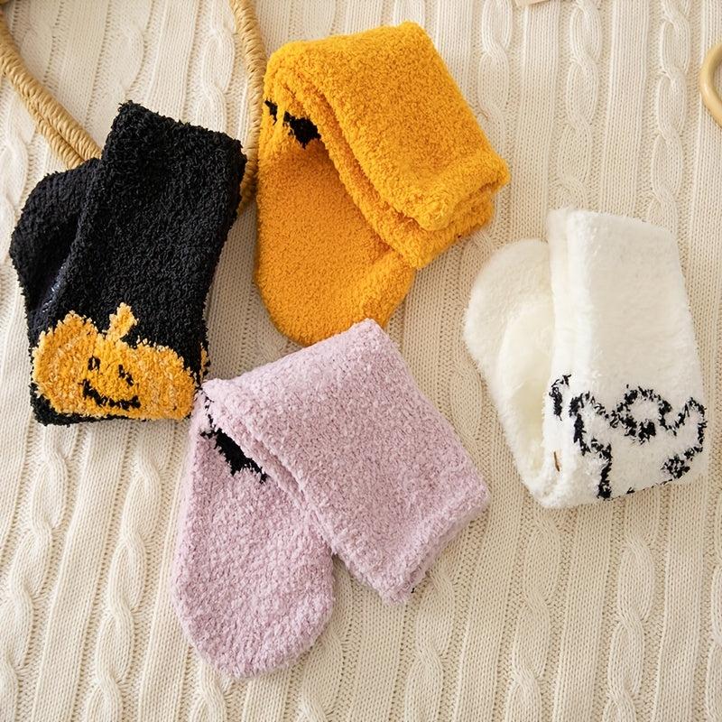 Pumpkin & Bat Print Socks & Funny Halloween Fuzzy Socks Women's