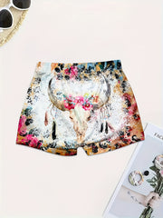 Flower & Cow Skull Print Skinny Shorts Elastic Waist Summer Clothing
