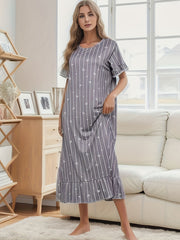 Heart Pattern Striped Nightdress Short Sleeve Ruffle Sleep Dress Women